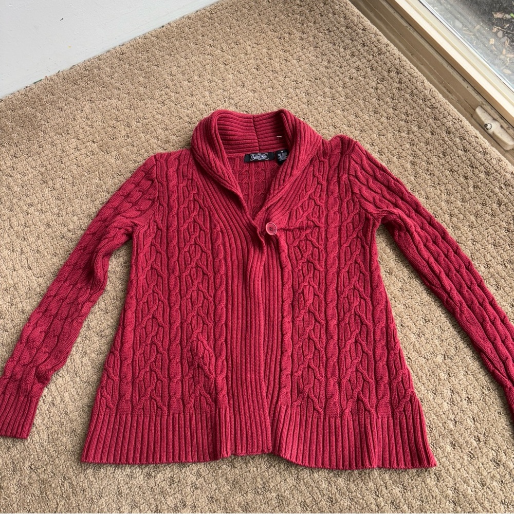 Cardigan button Sweater textured knit Red burgundy Kobe PS wine burgundy